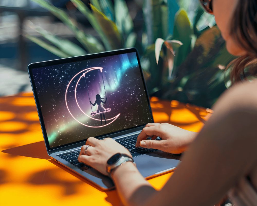 Vibrant Desk Macbook Mockup Natural Lighting With Greenery Setup