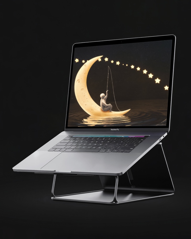 Elevated Macbook Mockup Bold Minimal Black Background On Metal Stand