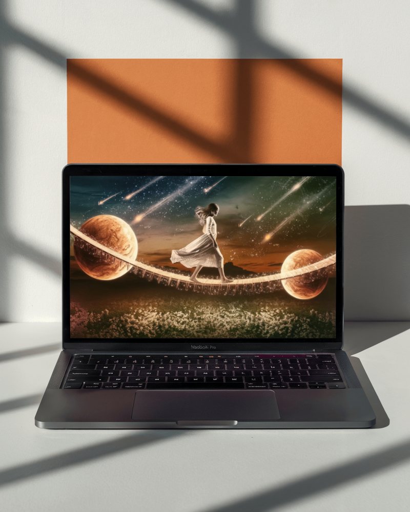 Macbook Pro M1 On Vintage Chair Surrounded By Stacked Books With Soft Sunlight Creating An Inviting And Cozy Ambiance