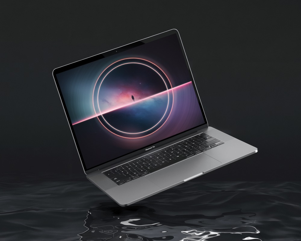 Reflective Macbook Mockup On Water Surface Dark Moody Ambiance