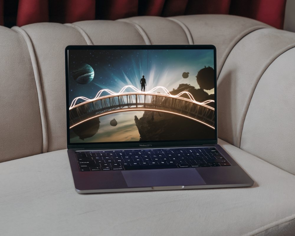 Elegant Macbook Mockup On Luxury Couch In Soft Interior Lighting
