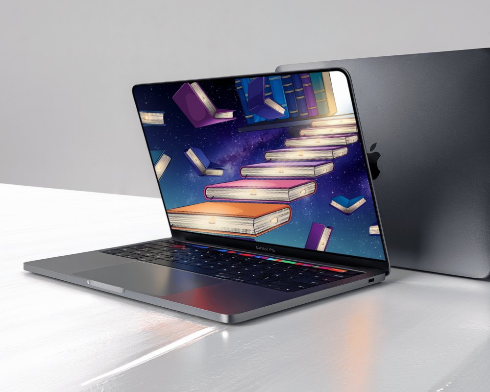 Minimalist Studio Macbook Mockup Floating With Lid Partially Open