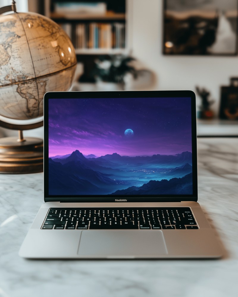 Modern Office Macbook Mockup On Marble Desk With Globe In Background
