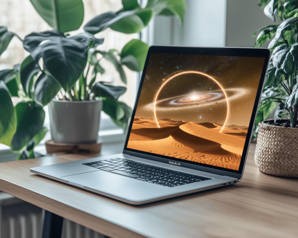 Nature Inspired Workspace Macbook Mockup Wooden Desk Green Plants Bright Lighting
