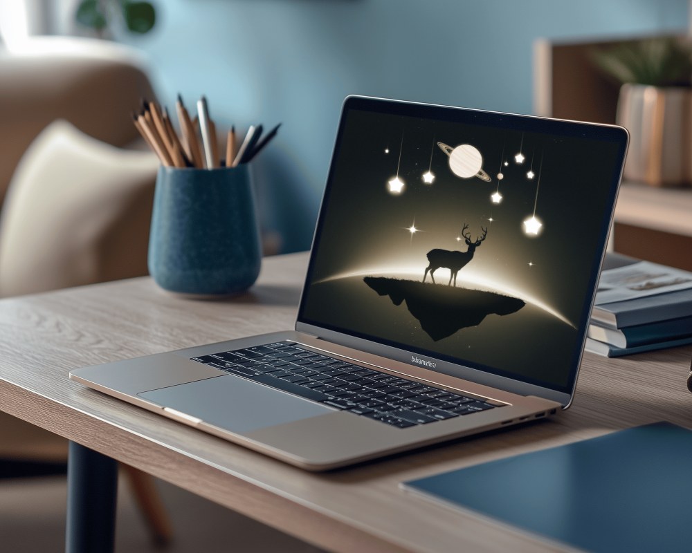 Minimalist Scandinavian Macbook Mockup Light Wood Desk Neutral Tones Work Environment