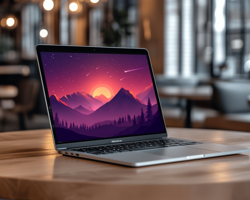 Stylish Modern Office Macbook Mockup Wooden Table Natural Lighting Workspace