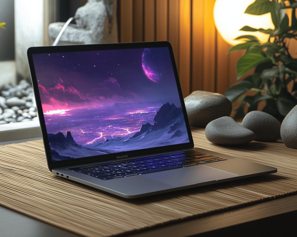 Cozy Home Office Macbook Mockup Wooden Desk Warm Lighting Modern Interior Setup