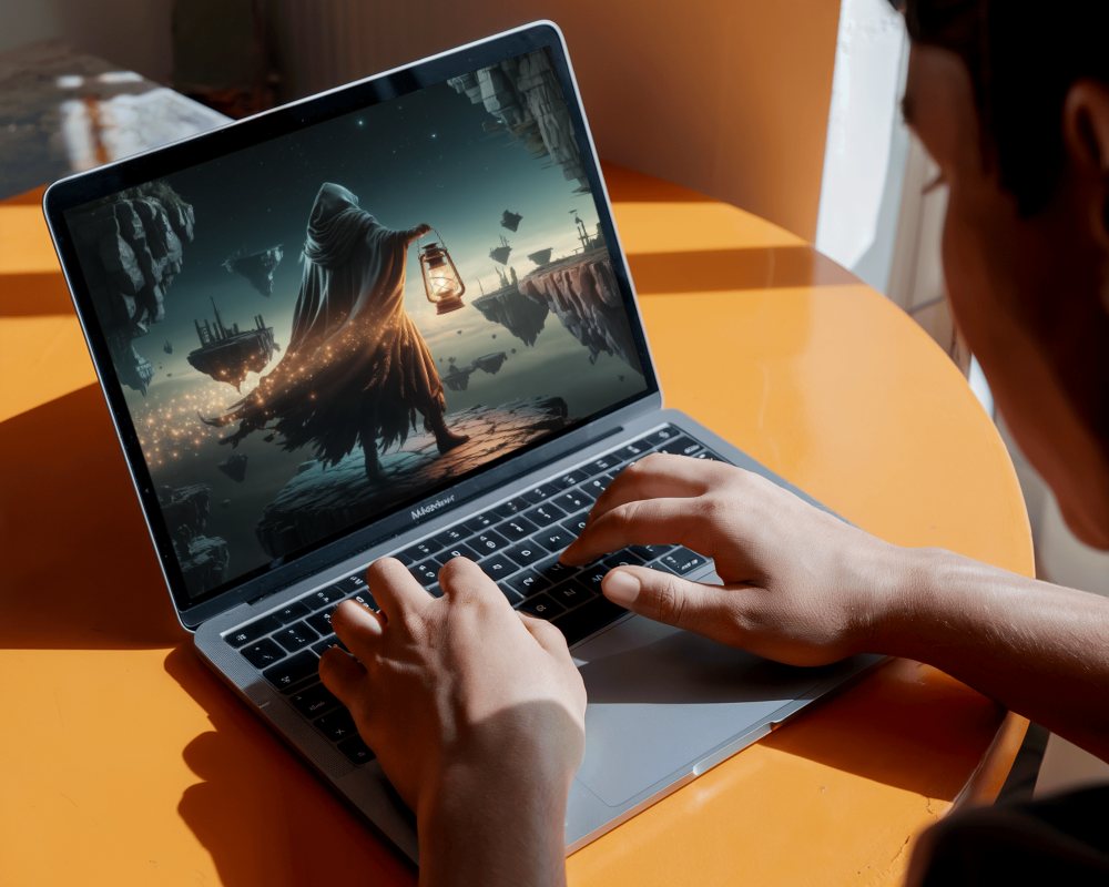 Hands Typing On Macbook Air M1 Placed On Bright Orange Table In Natural Light For A Vibrant Productive Scene