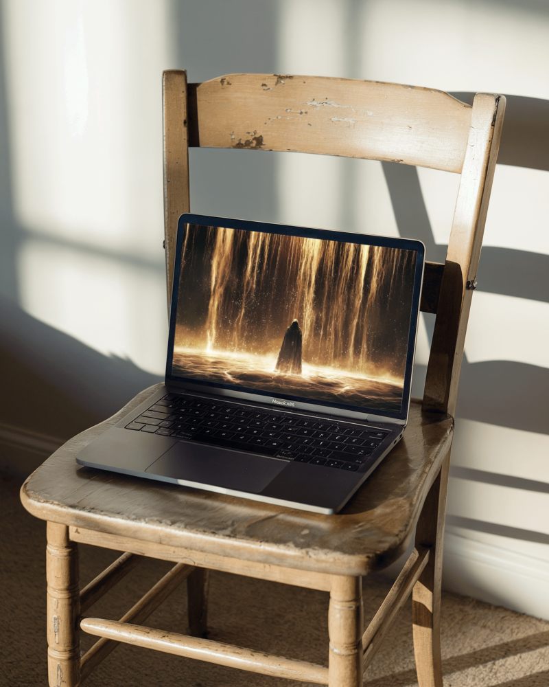 Macbook Air M2 On Rustic Wooden Chair With Warm Sunlight Casting Shadows For A Cozy Natural Background Highlight