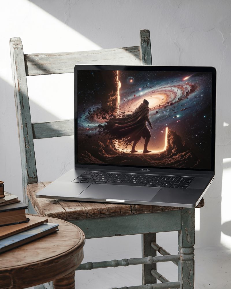 Macbook Pro M1 Placed On Vintage Wooden Chair Bathed In Soft Sunlight Showcasing Design In A Rustic And Inviting Setting