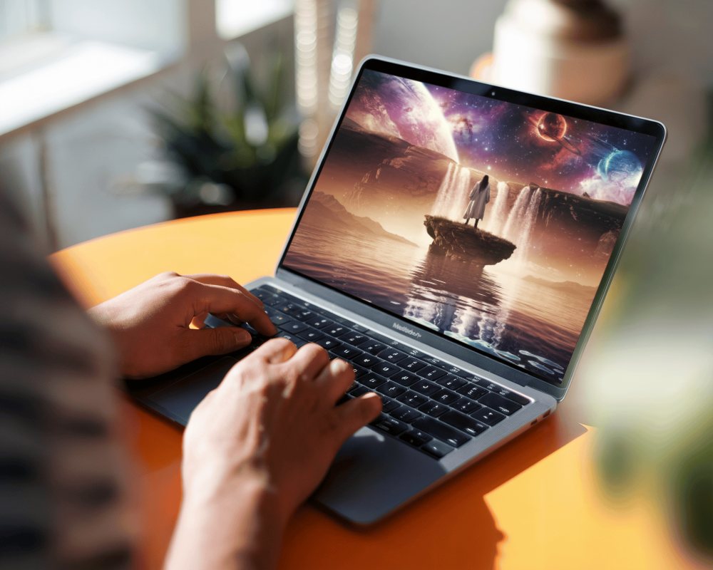 Woman Working On Macbook Pro M2 In Cozy Indoor Space Surrounded By Potted Plants With Natural Light Enhancing Design Showcase
