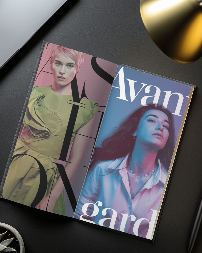 Sleek Editorial Magazine Mockup On Black Desk With Modern Lighting And Luxury Vibes