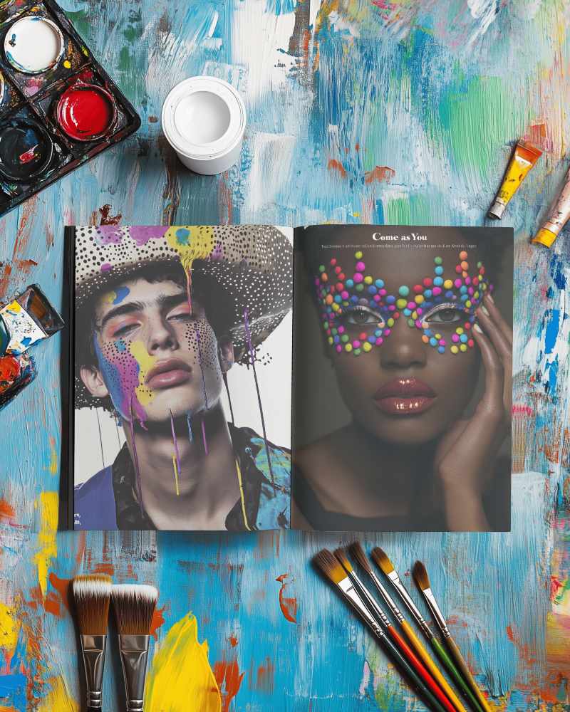 Modern Art Magazine Mockup Innovative Fashion Shoot On Colorful Painter’s Workspace