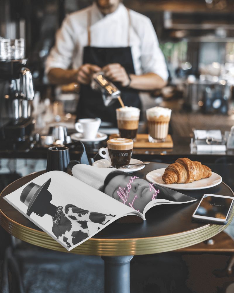 Barista Coffeehouse Magazine Mockup Open Magazine With Fashion Editorial And Cappuccino