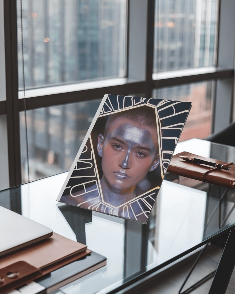 Trendsetting Magazine Mockup Modern Cover With Edgy Portrait In Urban Office