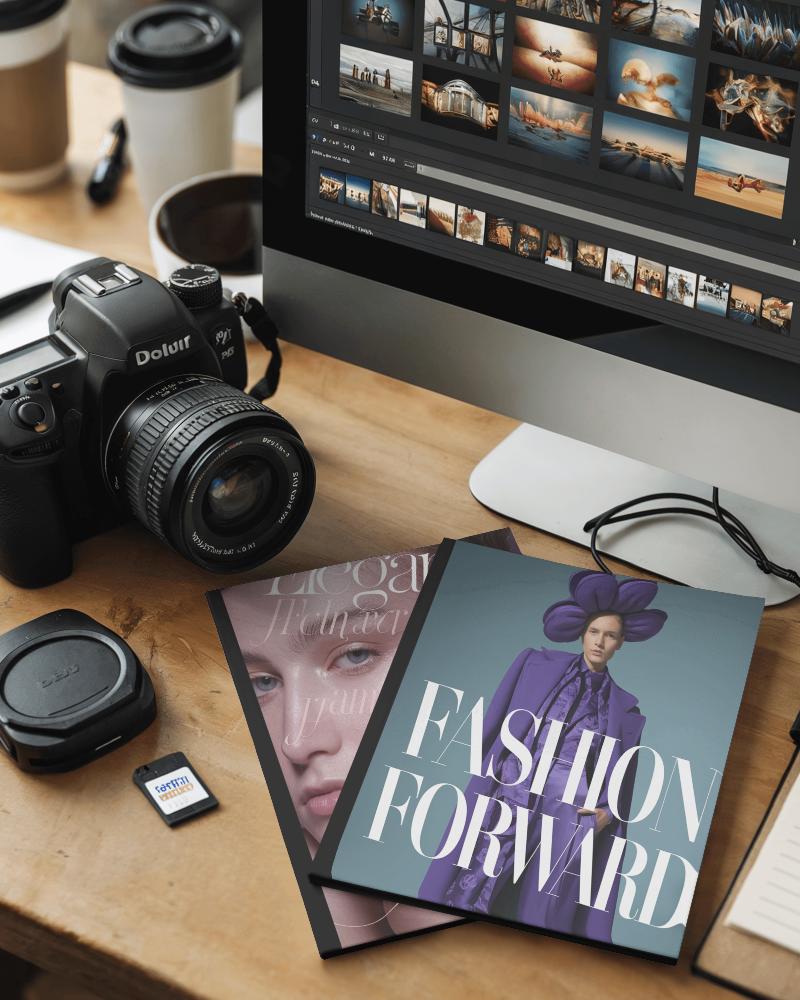 Luxury Magazine Mockup Stylish Publication On Wooden Desk With Camera Gear