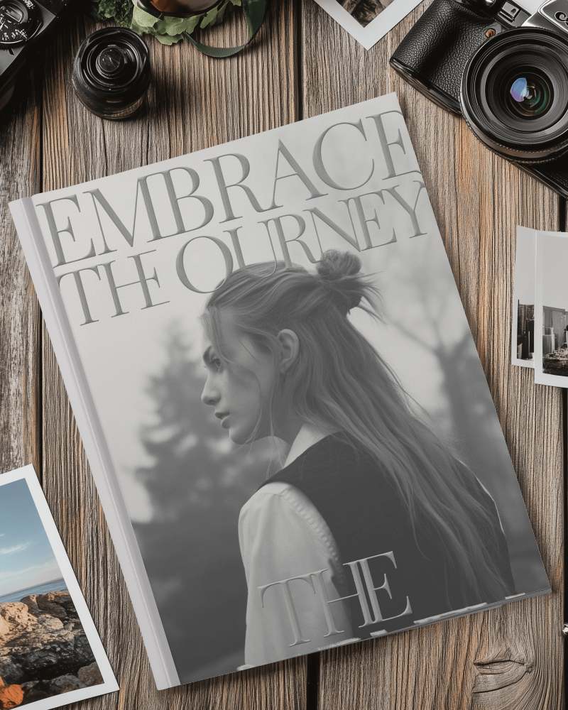 Vintage Photography Magazine Mockup On Rustic Wooden Table With Retro Camera And Travel Prints