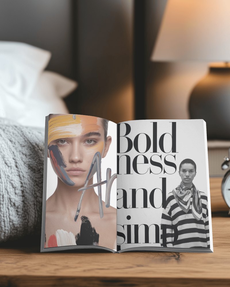 Artistic Fashion Magazine Mockup Bold Portrait Layout On Bedside Table In Moody Ambience