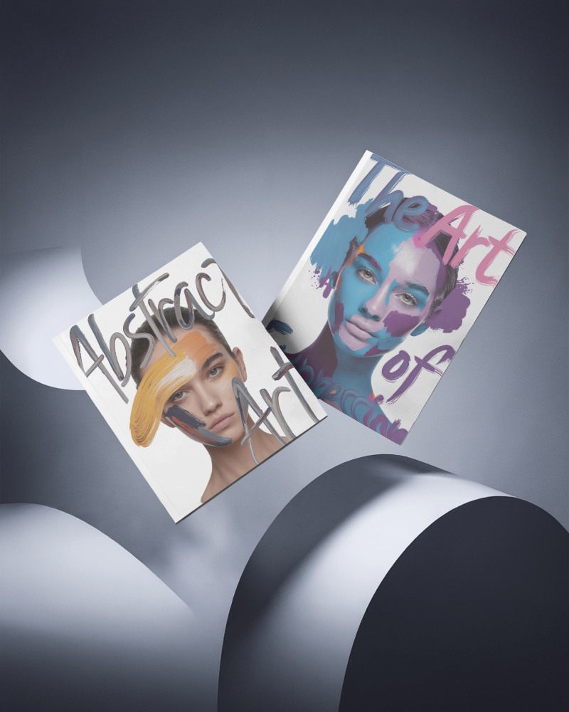 Premium Magazine Mockup Dual Cover Display With Expressive Paint Effect And Dynamic Lighting