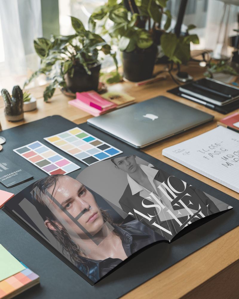 Minimalist Magazine Mockup Fashion Photography Spread On Elegant Desk With Design Supplies