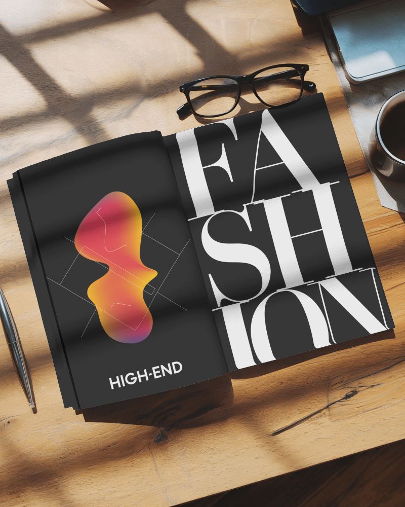 Sleek Black Magazine Mockup Luxury Design With Minimalist Typography And Vibrant Illustration