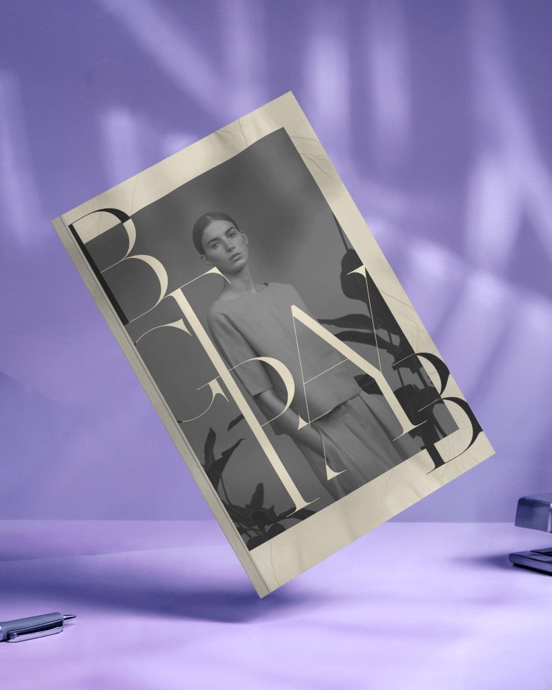 Minimalist Magazine Mockup Modern Typography And Fashion Cover On Luxury Purple Setup