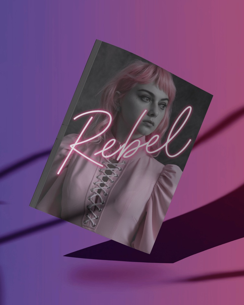 Artistic Magazine Mockup Female Rebel Cover With Dark Tones And Glowing Pink Lettering