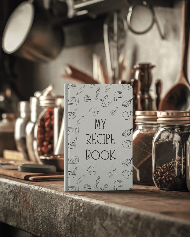 Rustic Kitchen Notebook Mockup With Spice Jars And Warm Vintage Ambience 015