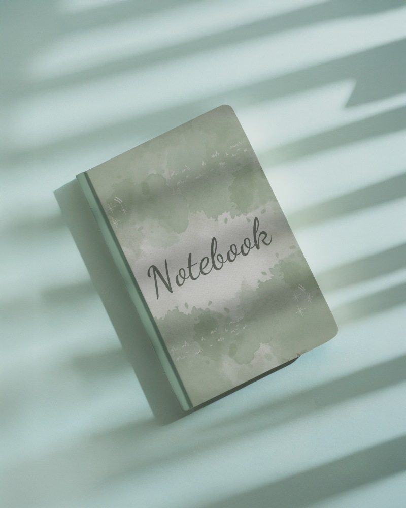 notebook-mockup-isometric-view-white-hardcover-on-mint-green-background-with-dramatic-shadow-stripes-sunlit-modern-and-artistic-presentation