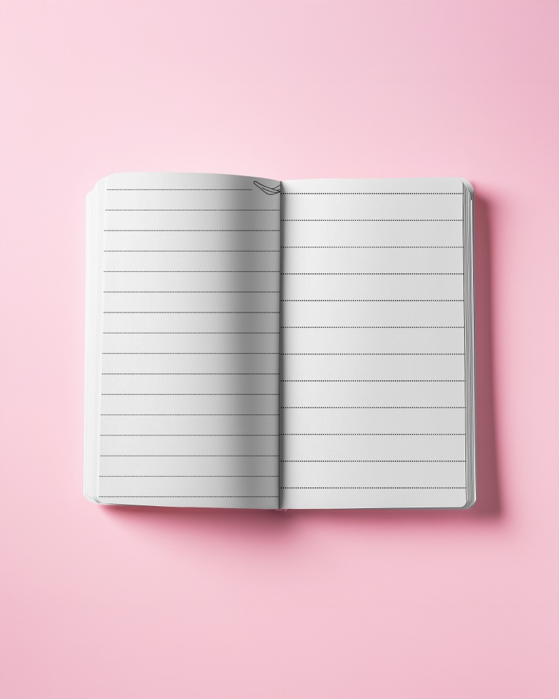 open-notebook-mockup-top-view-double-page-layout-on-vibrant-pink-background-flat-lay-with-soft-shadows-playful-and-modern-stationery-presentation