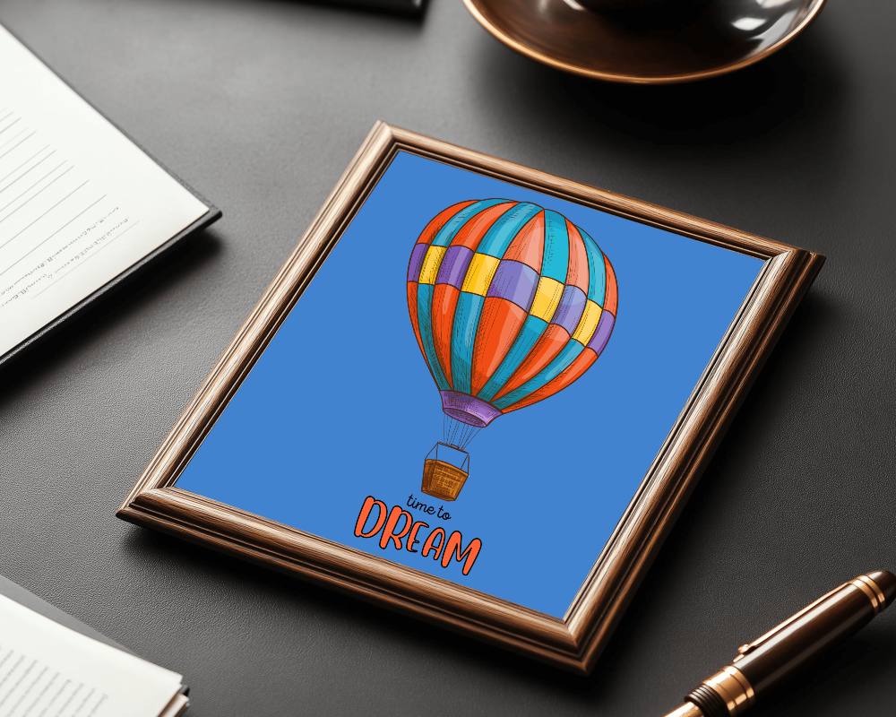 Elegant Dark Desk Frame Mockup With Vintage Gold Trim Surrounded By Luxury Office Accessories And Coffee Cup 0122