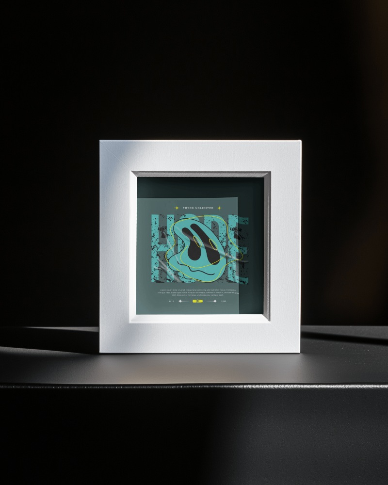 Sleek Shadowed Photoframe Mockup On Dark Background With Abstract Artwork