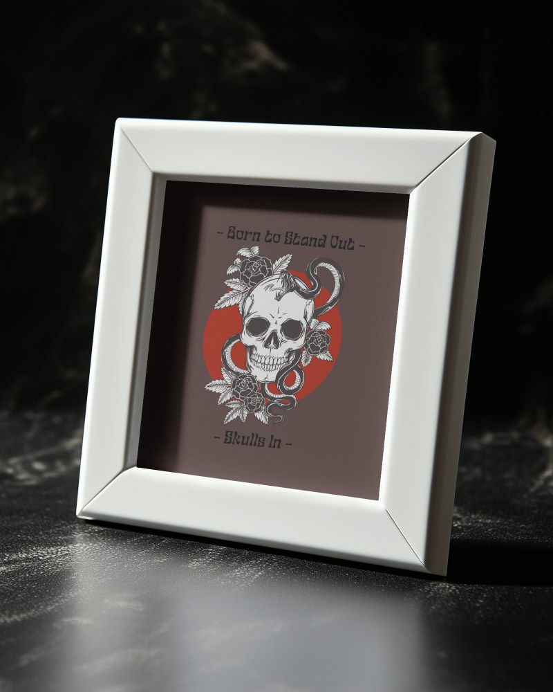 Gothic Skull Art Photoframe Mockup On Dark Marble Background