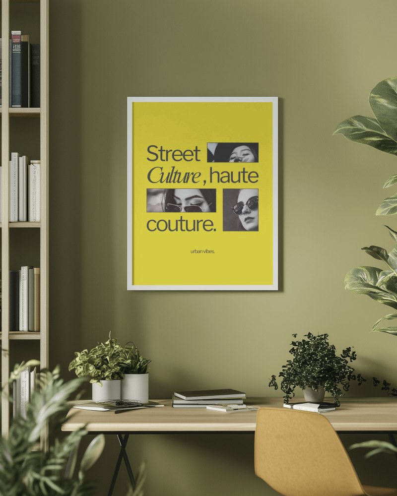 Modern Office Desk Frame Mockup Vibrant Yellow Poster Sleek Interior Design