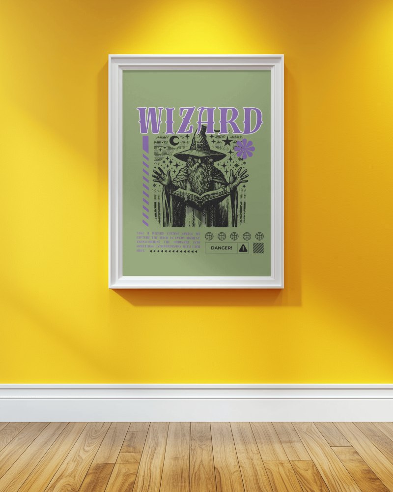 Mystical Art Frame Mockup On Bright Wall With Wizard And Magical Elements
