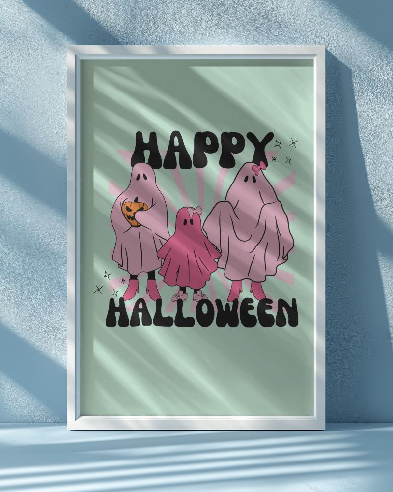 Cheerful Halloween Greeting Photoframe Mockup With Cute Ghost Characters