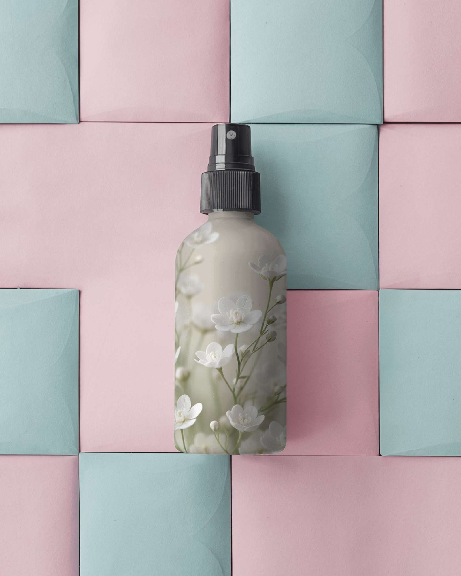 Floral Spray Bottle Mockup On Pastel Pink And Blue Envelope Background Elegant And Botanical Product Presentation
