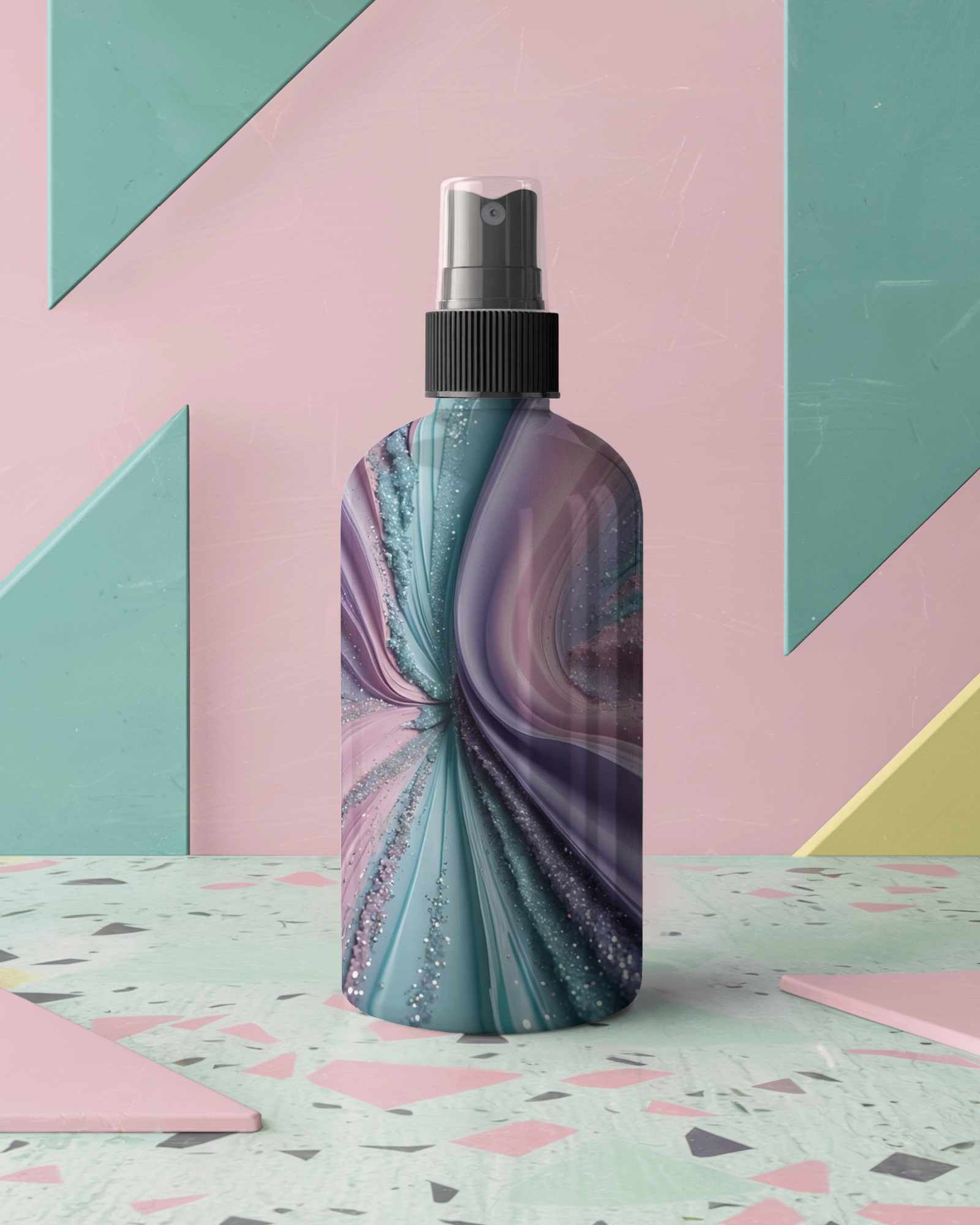 Artistic Spray Bottle Mockup With Marble Texture On Geometric Pastel Background Modern And Abstract Packaging Design
