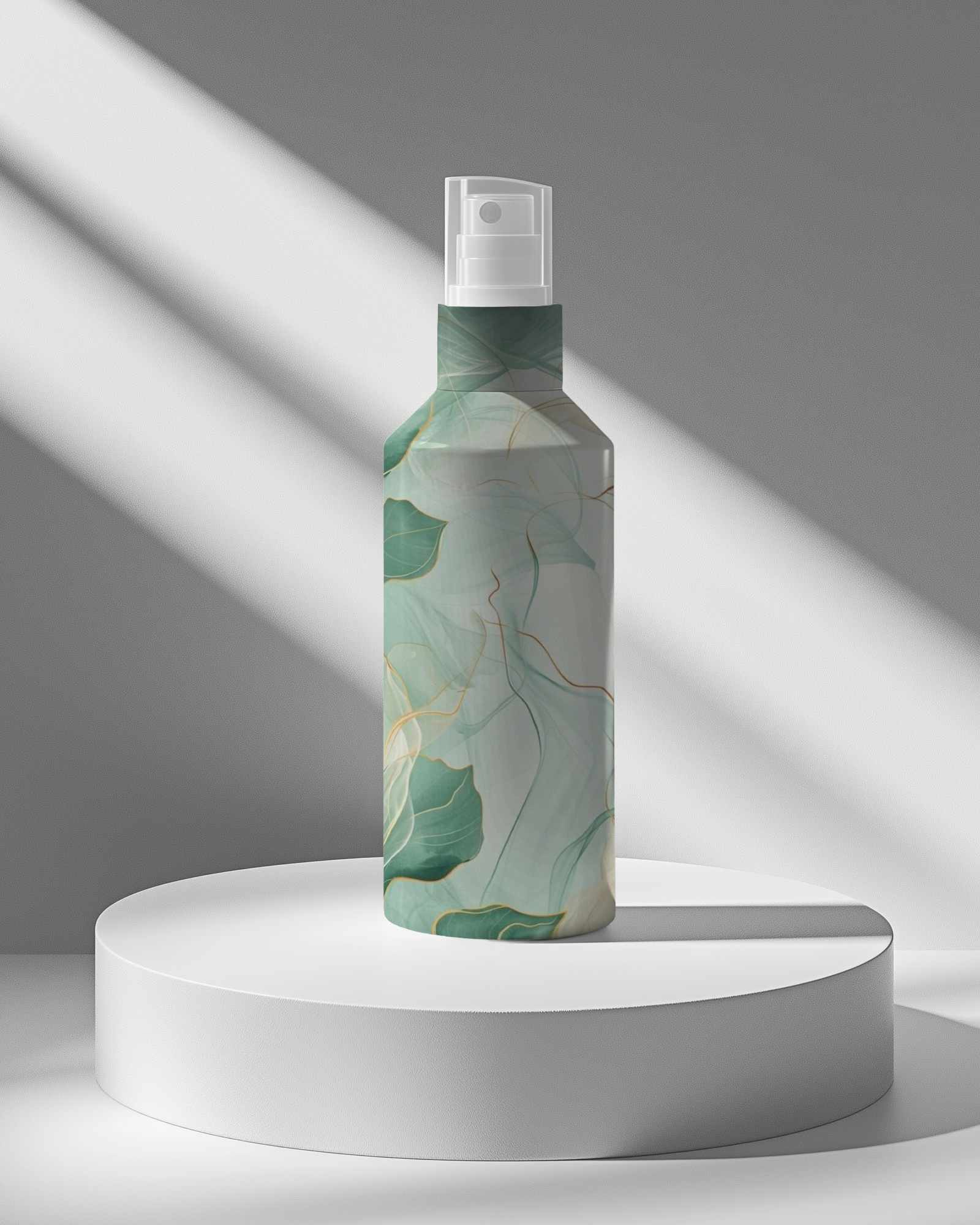 Luxury Spray Bottle Mockup On Elevated White Podium With Dramatic Lighting Elegant And Premium Product Showcase