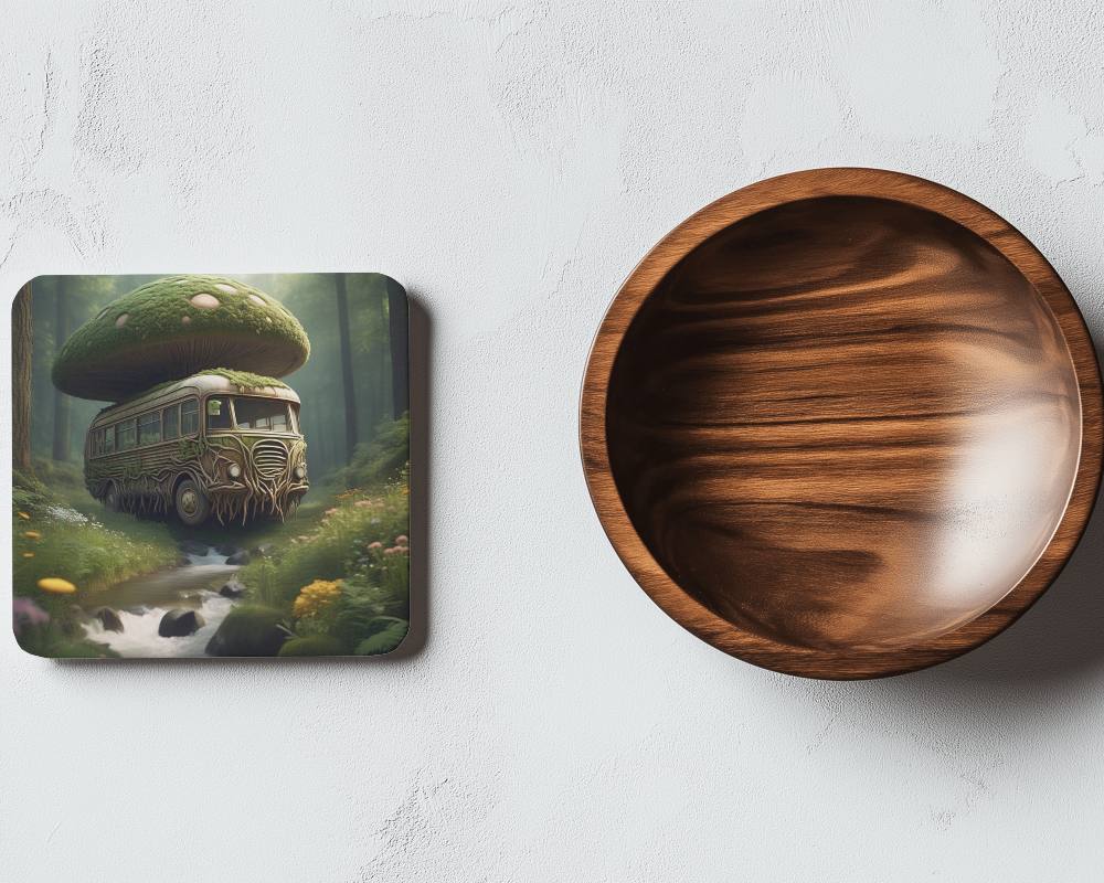 Square Coaster And Wooden Bowl On Stone Texture