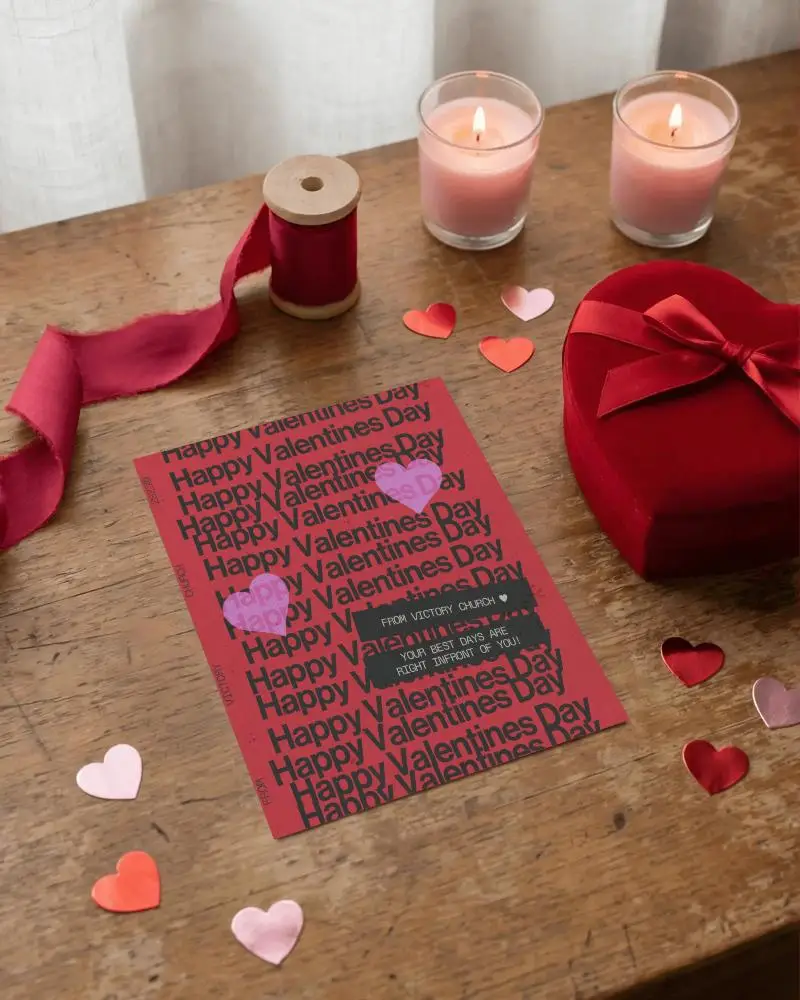 Blank Valentines Card Surrounded By Candlelight Hearts And Gift Box Setup