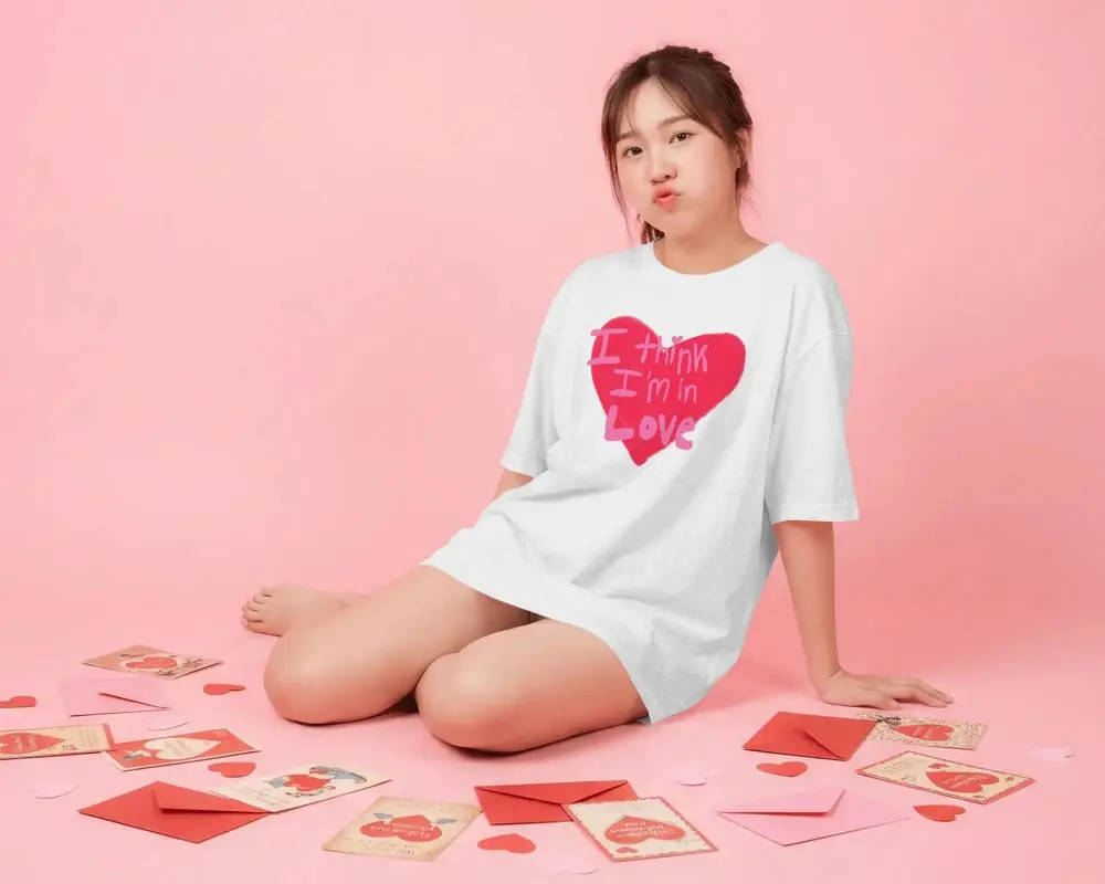 Young Woman Sitting On Floor Surrounded By Tshirt Mockup Valentine Cards And Envelopes For Love
