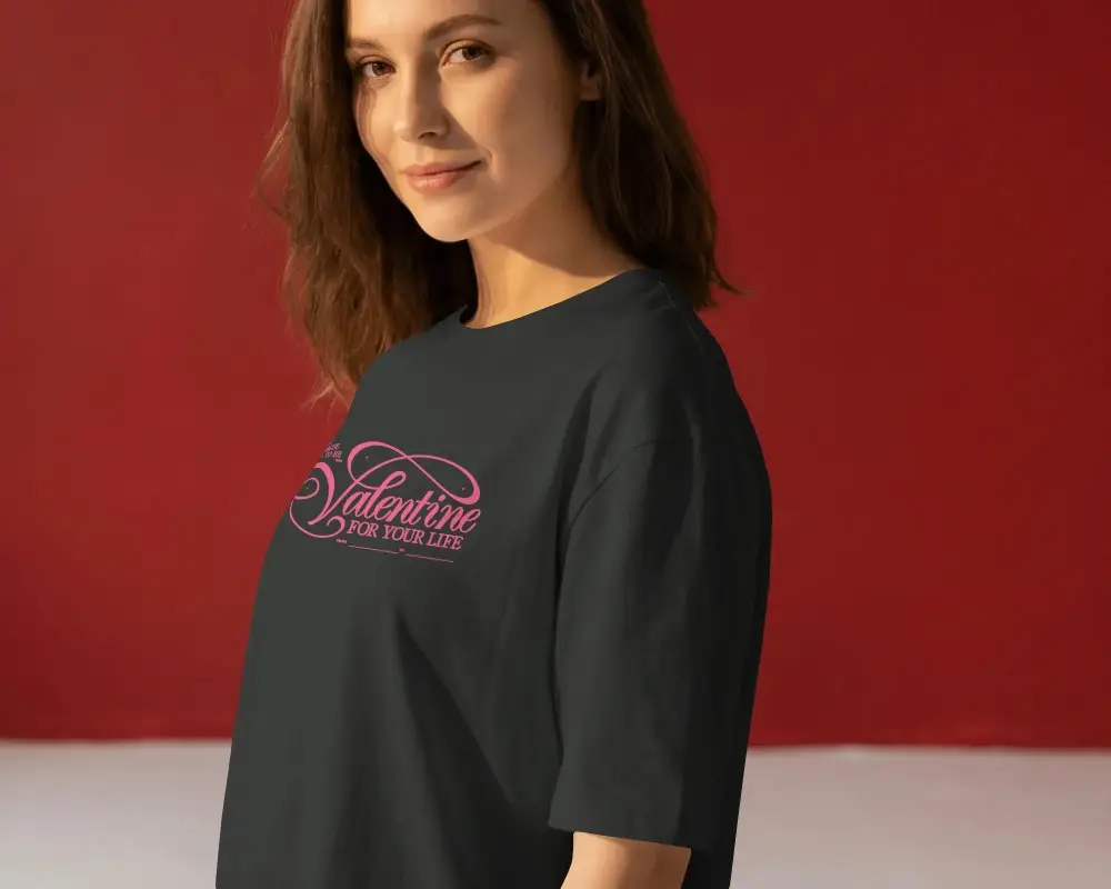 Closeup Portrait Of Smiling Female Model In Basic Tshirt Valentine Mockup Photo Shoot Background