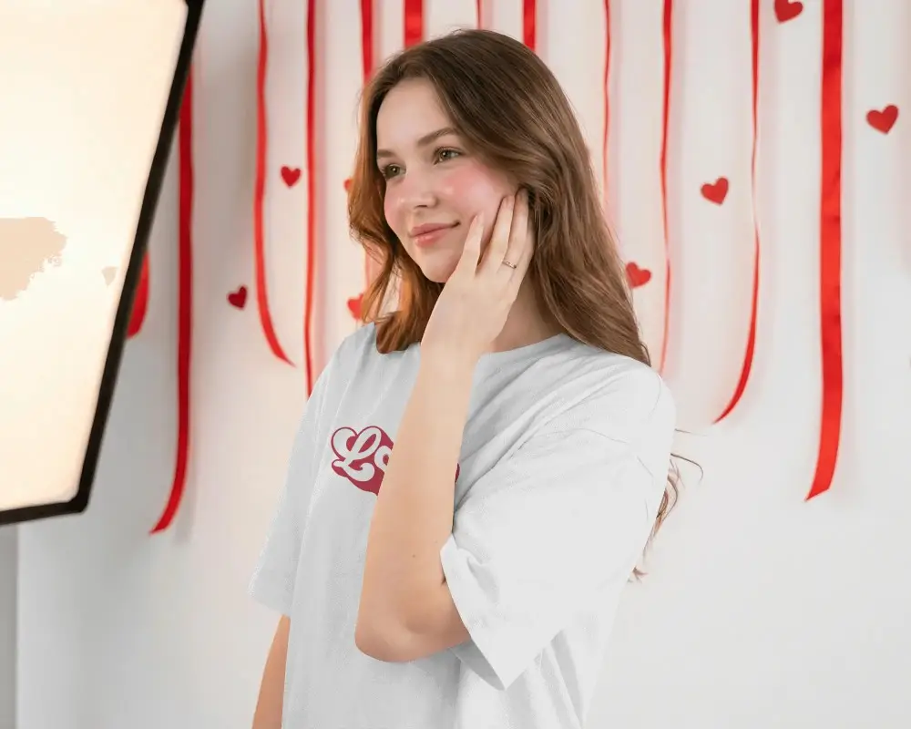 Romantic Valentines Day Tshirt Mockup Featuring Happy Young Woman With Hand On Face