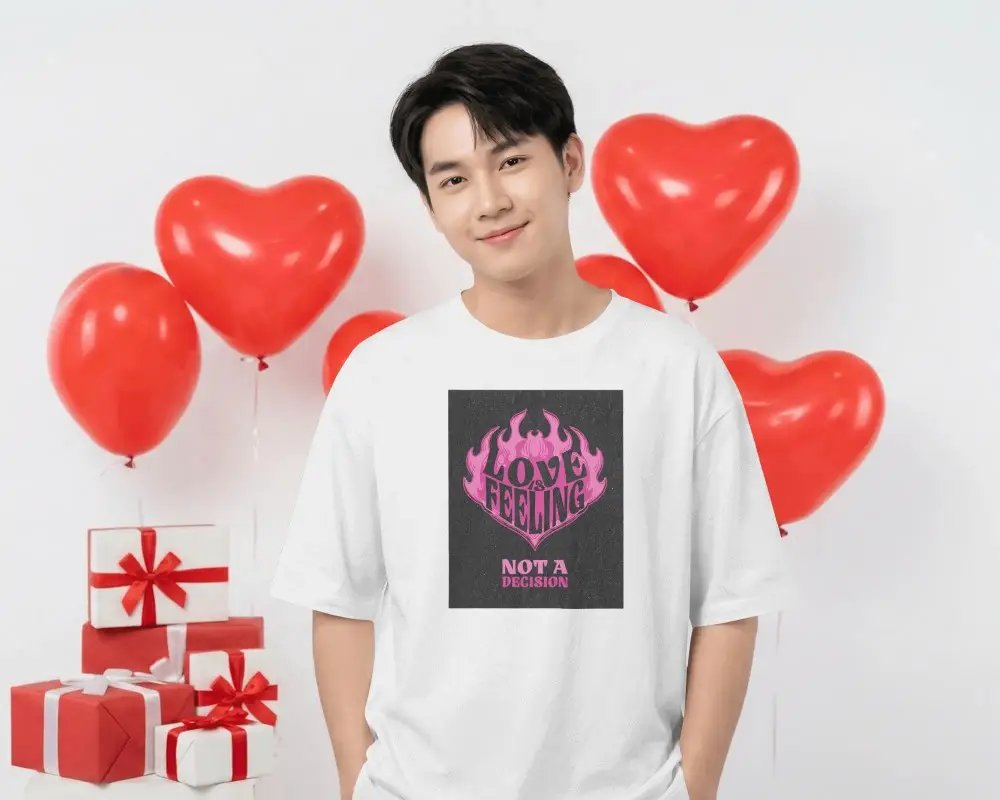 Happy Smiling Man With Valentine Tshirt Mockup Heart Shaped Balloons And Gift Boxes Background