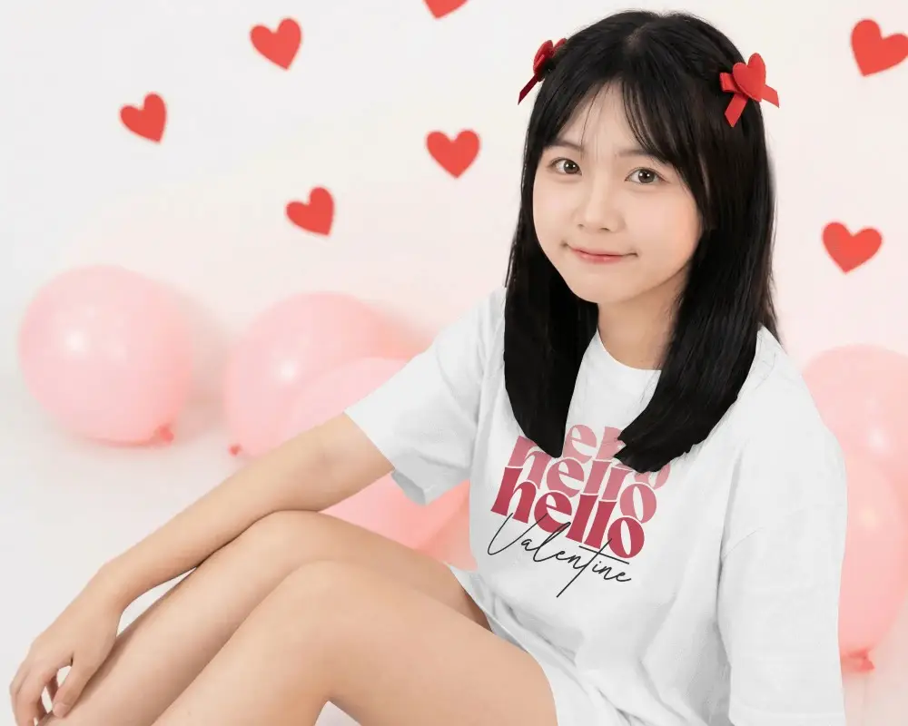 Cute Valentine Tshirt Mockup With Smiling Girl And Heart Shaped Decorations For Gift Design