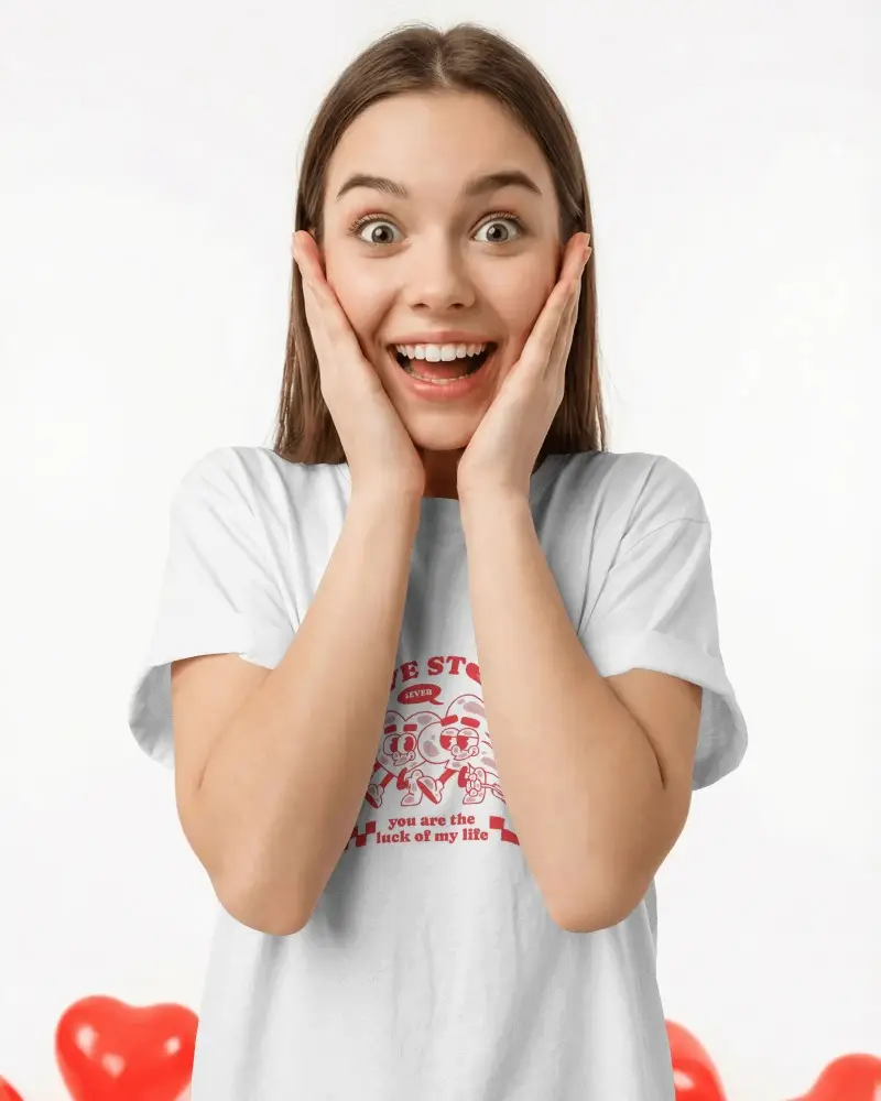 Excited Woman Holding Face Tshirt Valentine Mockup Surprise Love Celebration Heart Background