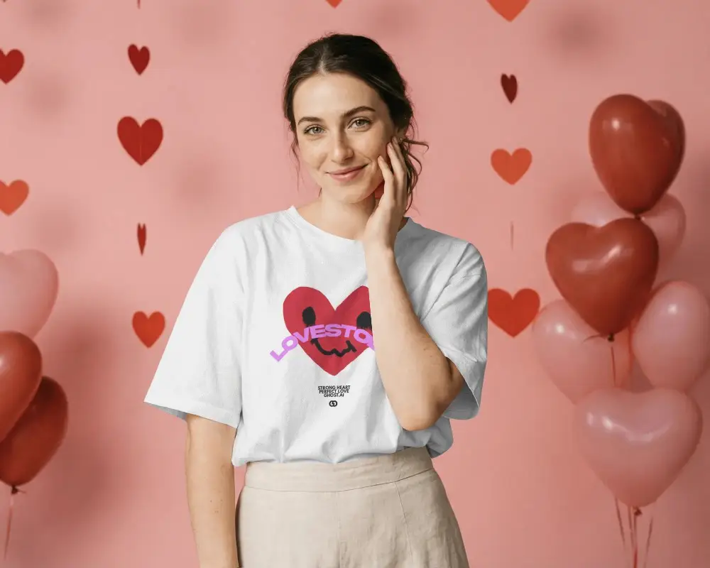 Tshirt Valentine Mockup Portrait Of Cheerful Woman Surrounded By Floating Heart Decorations
