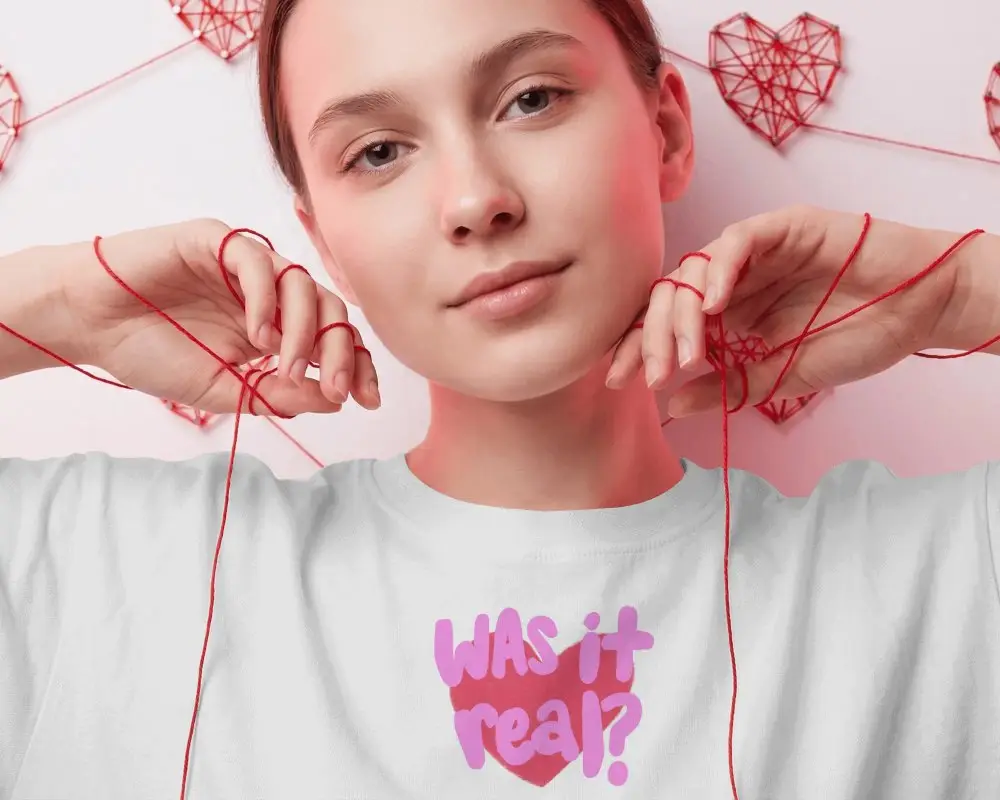 T Shirt Mockup Valentine Day Love Thread String Hand Model Close Up Background Love Hearts