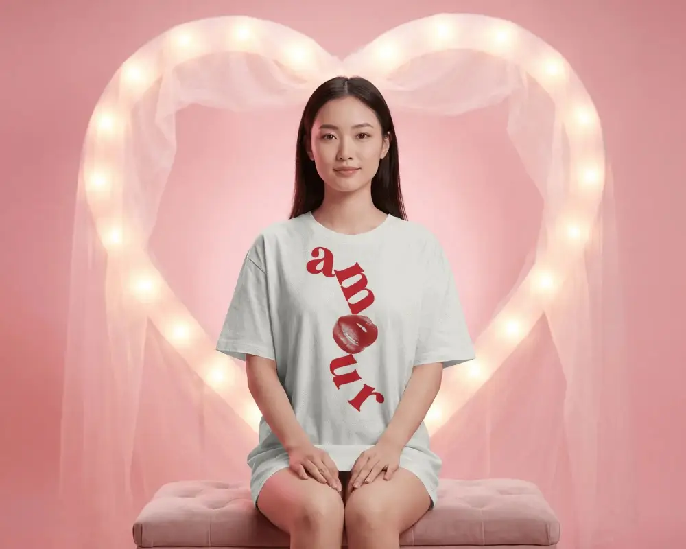 Precious Valentine Tshirt Mockup Featuring A Beautiful Model Sitting Neatly On A Bench